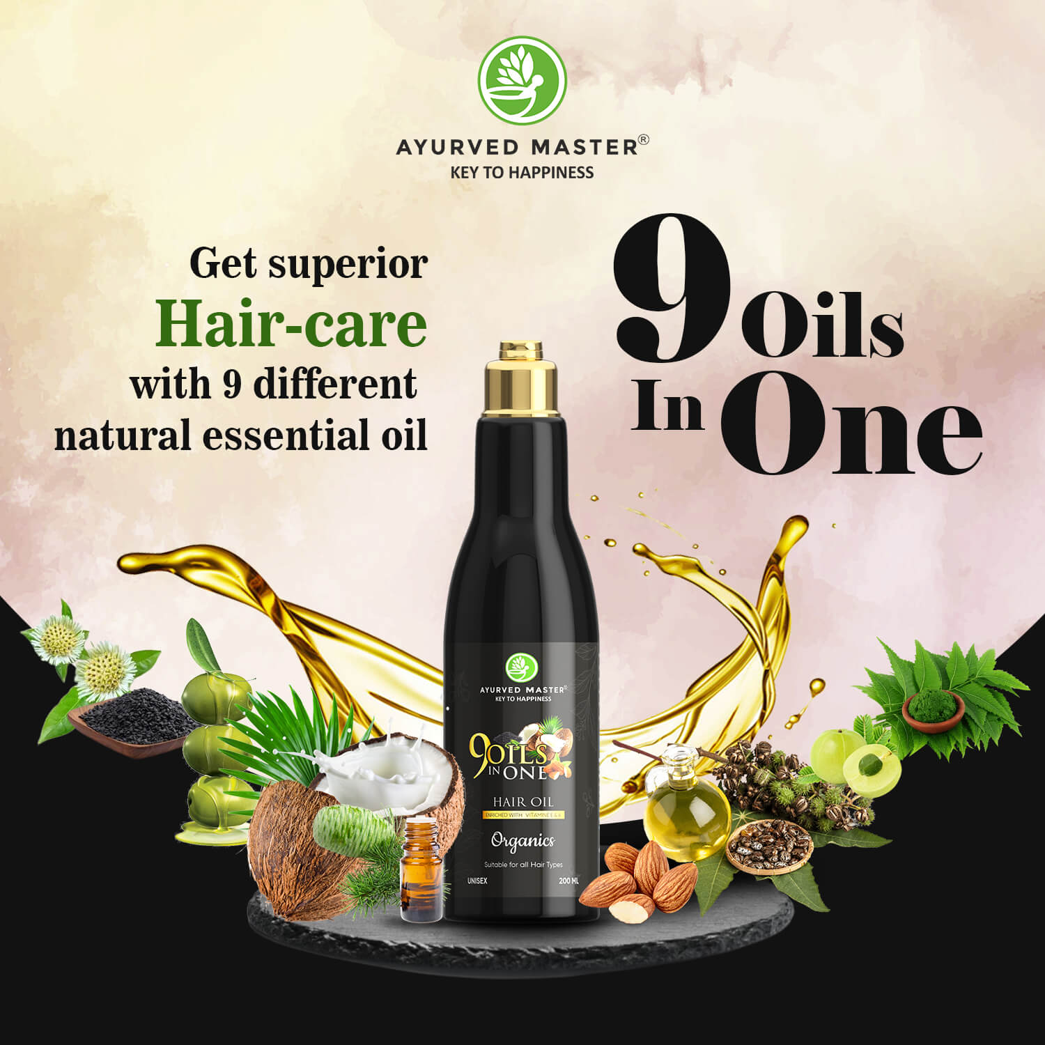 Ayurved Master 9-oil-in-1 Herbal Hair oil Revitalizing Elixir - Your Ultimate Solution for Nourished, Strengthened, and Lustrous Beauty Hair