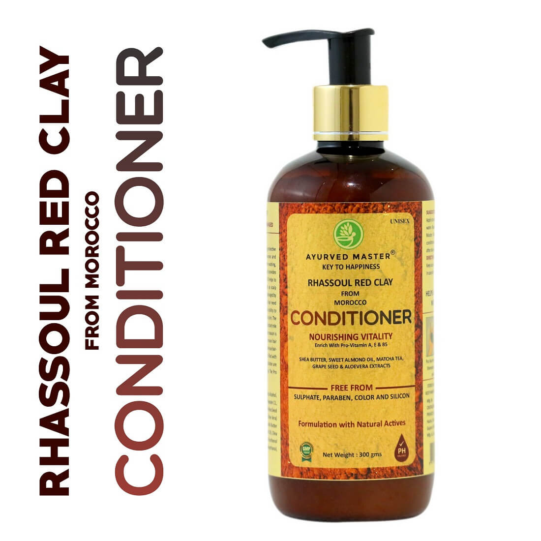 Rhassoul Red Clay Conditioner With Shea Butter, Almond Oil, Matcha Tea, Grape Seed and Aloe Vera Extracts For Nourishing Hair Vitality | 300ML