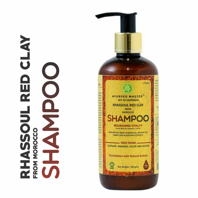 Rhassoul Red Clay Shampoo With Shea Butter, Almond Oil, Matcha Tea, Grape Seed and Aloe Vera Extracts For Nourishing Hair Vitality | 300ML